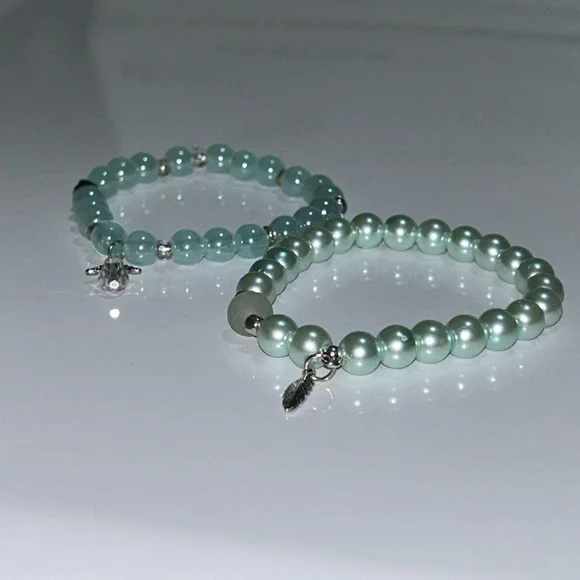 Chic Silver and Aqua Beaded Bracelet Duo - Picture 1 of 3